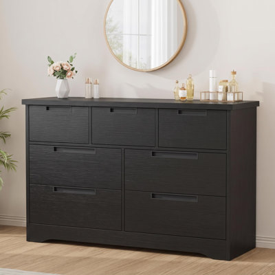 Commode de chambre à 7 tiroirs spacieuse - Coffre de rangement en bois noir moderne avec poignées intégrées - Armoire de rangement double pour le salon, la chambre de bébé, le couloir