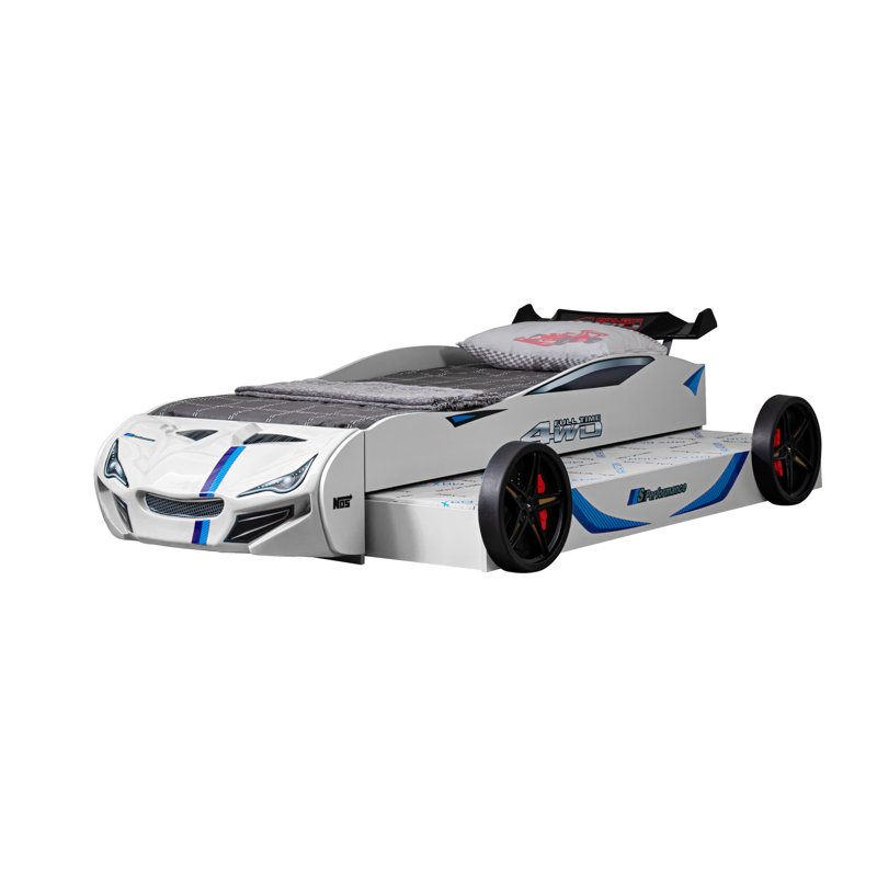 Ashar Race Car Platform Bed With Trundle, White
