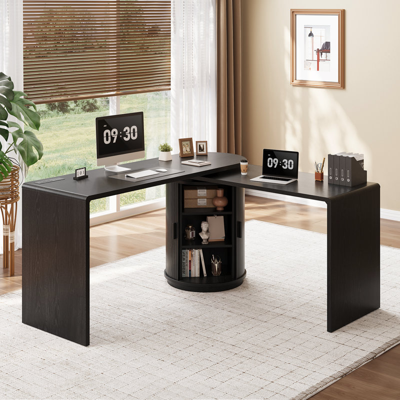 60''W L Shaped 360° Rotating Executive Desk With Cabinet, Fluted Wooden Office Computer Desk With Hidden Storage & Power Outlet