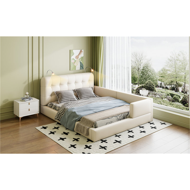 Grand lit plateforme tapissier avec 2 lampes de lecture, blanc