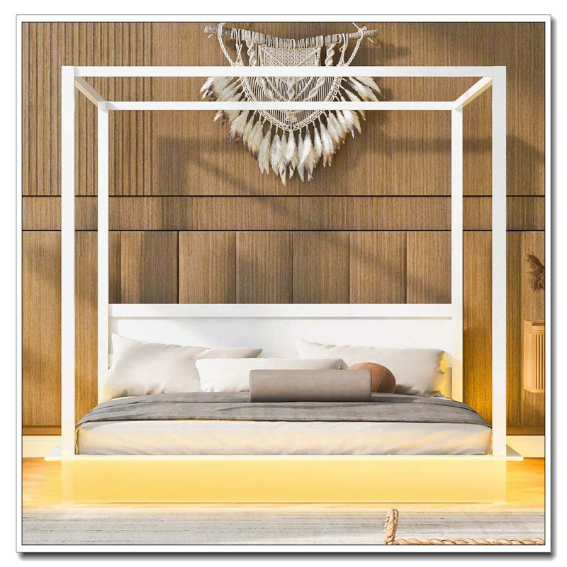 Wood LED Canopy Bed With Support Slats, King