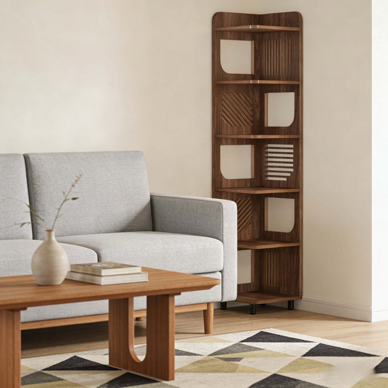 Bibliothèque d'angle à 5 niveaux avec design rétro et capacité de 200 lb, Brun