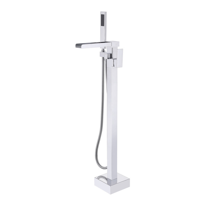34.72“ Solid Brass Freestanding Bathtub Faucet, High Flow Waterfall Floor Mount Tub Filler, Polished Chrome
