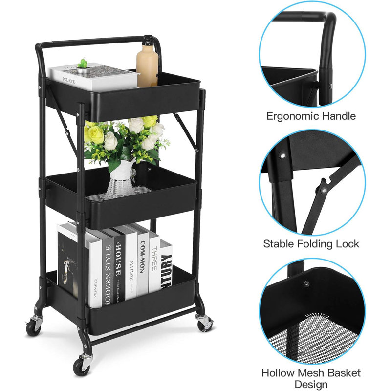 Foldable 3 Tier Rolling Cart, 58.3" H x 17.7" W x 11" D, Black