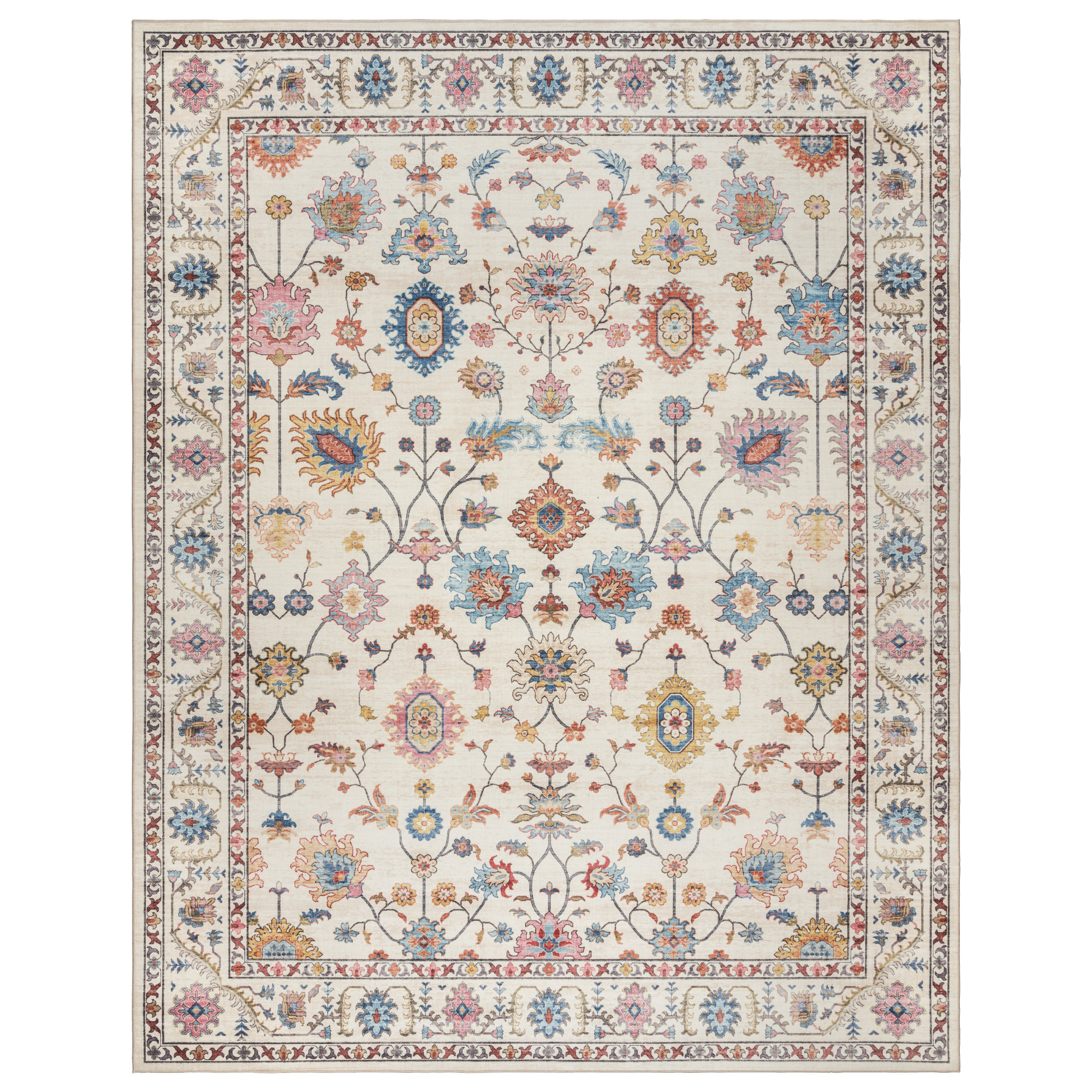 Cullen Floral Border Ivory Samira Cream Pink Multi Indoor Area Rug 8 by 10