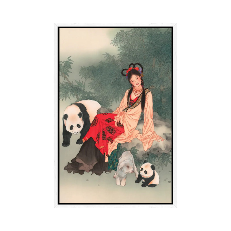 Pandas Of Wolong - Painting on Canvas, 101.6 cm H x 66.04 cm W, White Framed