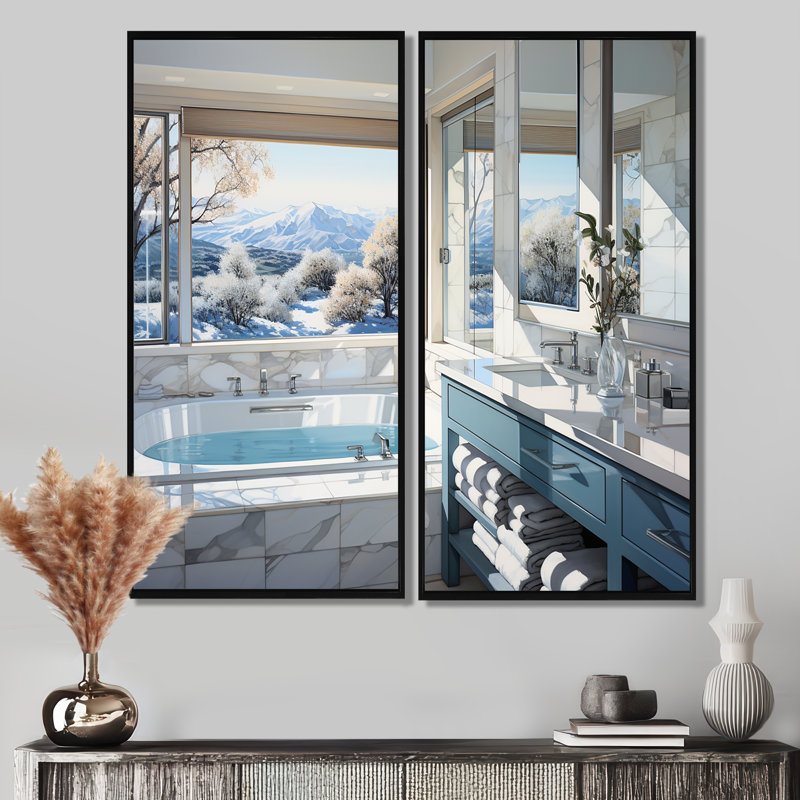 Salle de bain impeccable et moderne - Art mural sur toile traditionnel 2 panneaux, H 20 po x l 24 po, Noir
