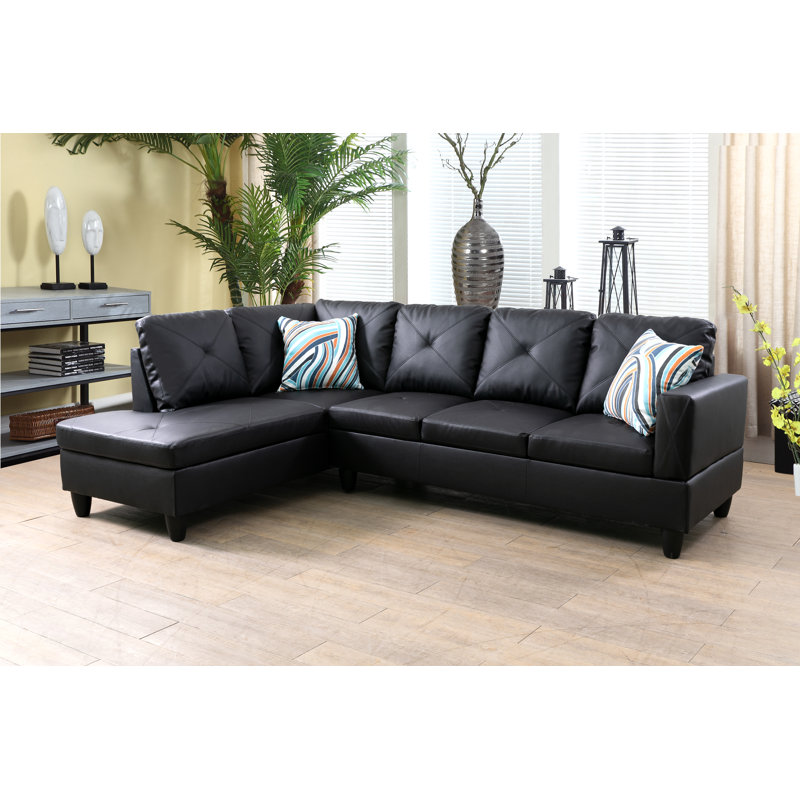 Elaynah Faux Leather L-Shaped Sectional, Black Faux Leather, Left Hand Facing