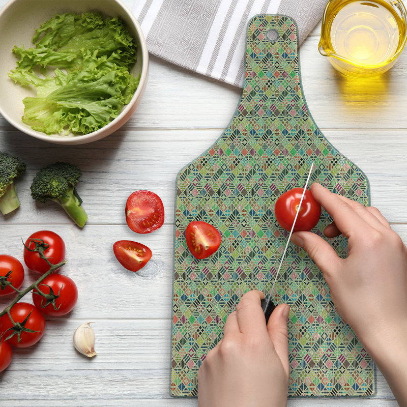 Ambesonne Geometric Tempered Glass Cutting Board Patchwork Art Rhombus Multicolor
