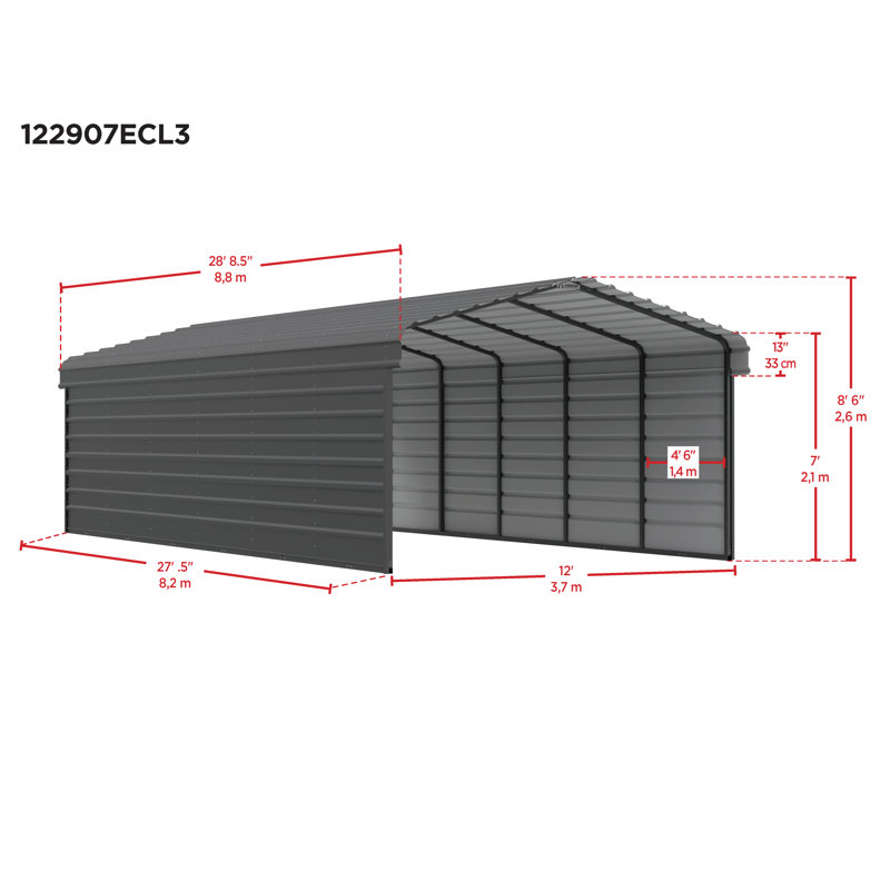Steel Carport With 3 Wall Kits, 12X29X07, White, 12' H X 29' W X 07' D