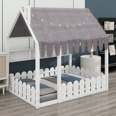 Kids Floor Bed House Design Featuring Guard Rails, Play Tent, Built-in Lights, and Shelving