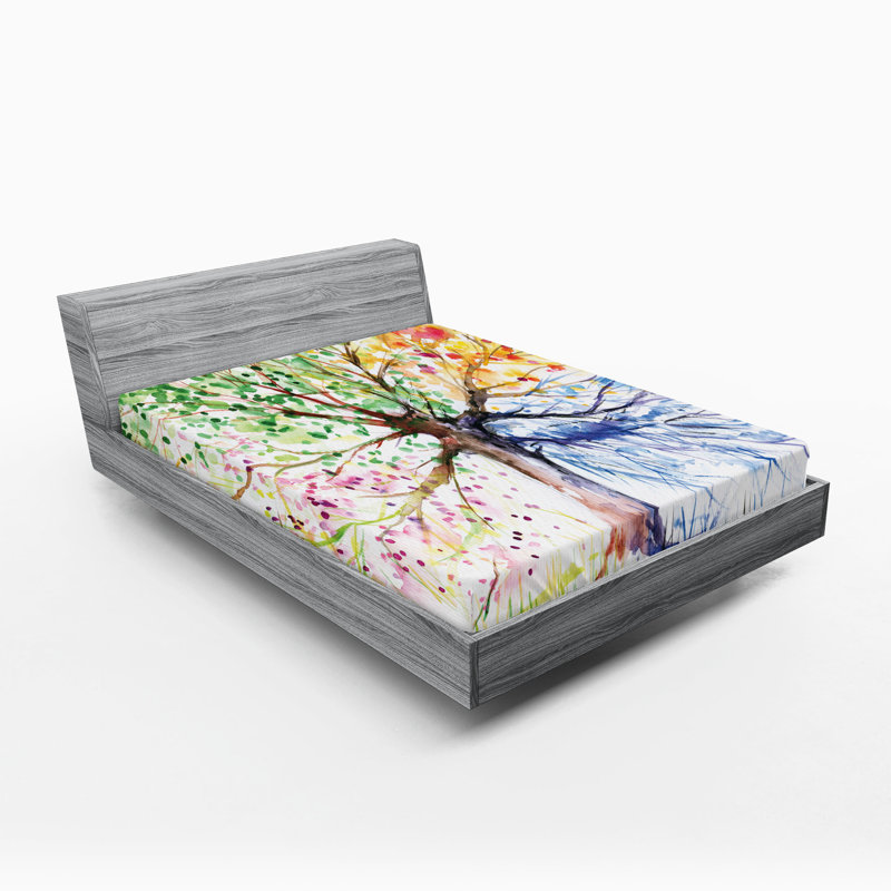 Ambesonne Tree Fitted Sheet 2-Pack 4 Seasons Colorful Multicolor, California King Sheet Set