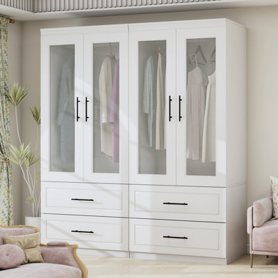 Armoire-penderie 4 portes avec tiroirs, blanc