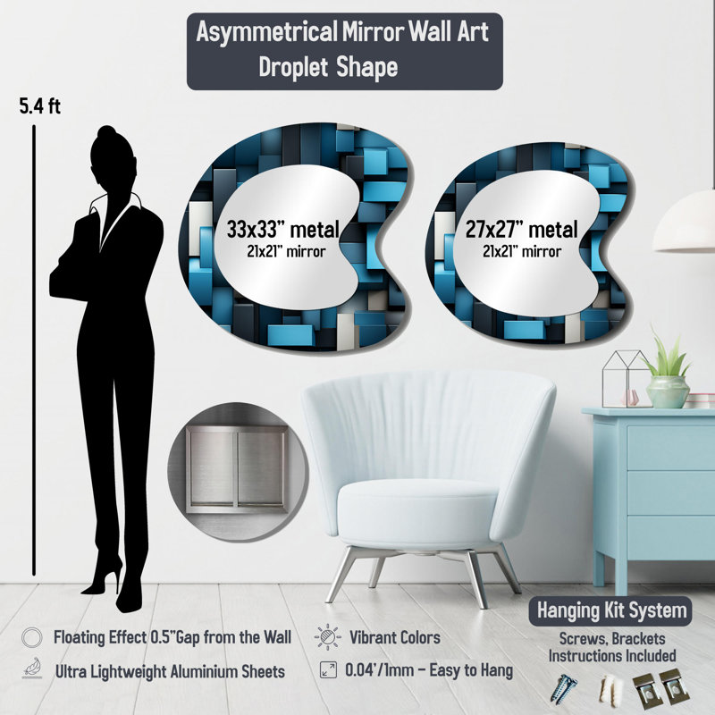 Golden Wave Reflections VIII - Formes asymétriques abstraites - Grand miroir mural moderne, 27 po x 27 po