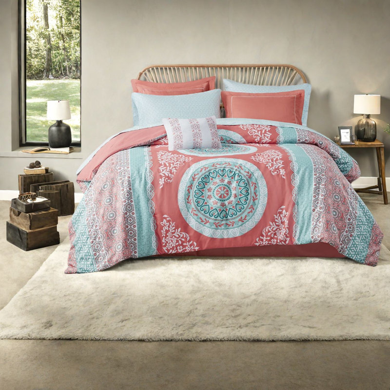 Boho Queen Bedding Sets, Cozy Polyester, Coral Design For Home