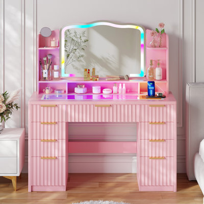Makeup Vanity With Color Lighting Mirror And Human Sensor Module, Vanity Desk With Outlets, Storage Drawers And Cabinet
