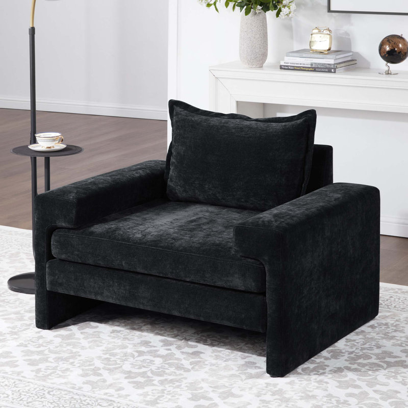 Fauteuil rembourré en chenille avec larges accoudoirs et dossier ergonomique, Noir