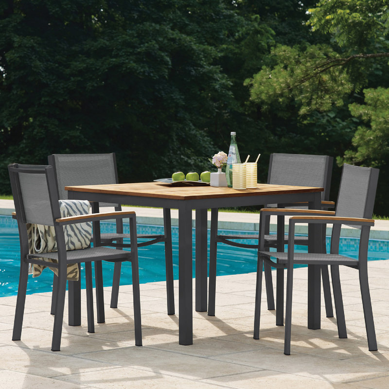 Travira Stacking Patio Arm Chair, Flint, Titanium Basketweave, Tekwood Natural