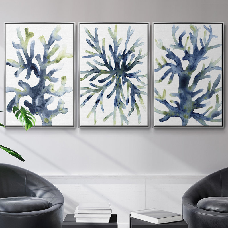 Marine Botanicals I, ensemble de 3 toiles encadrées, H 40 po x l 78 po, Argent