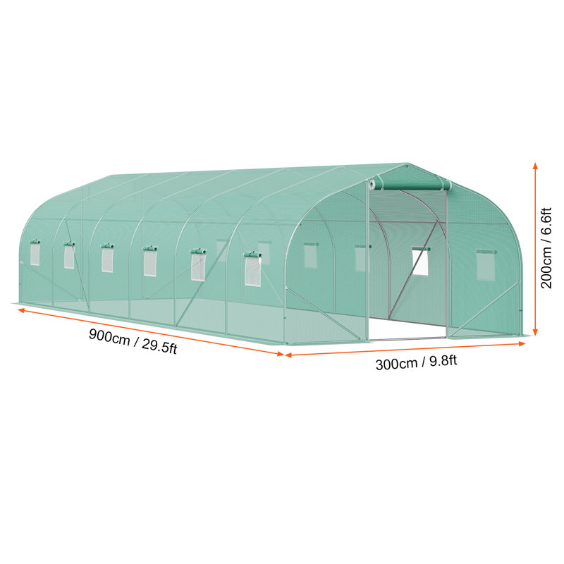 Walk-in Tunnel Greenhouse, 29.5x9.8x6.6 ft Hoop House Greenhouse Tunnel, Roll-up Zipper Door and 12 Windows for Outdoor, Peaked Roof Plant Hot House with Galvanized Steel Frame, Green PE Cover