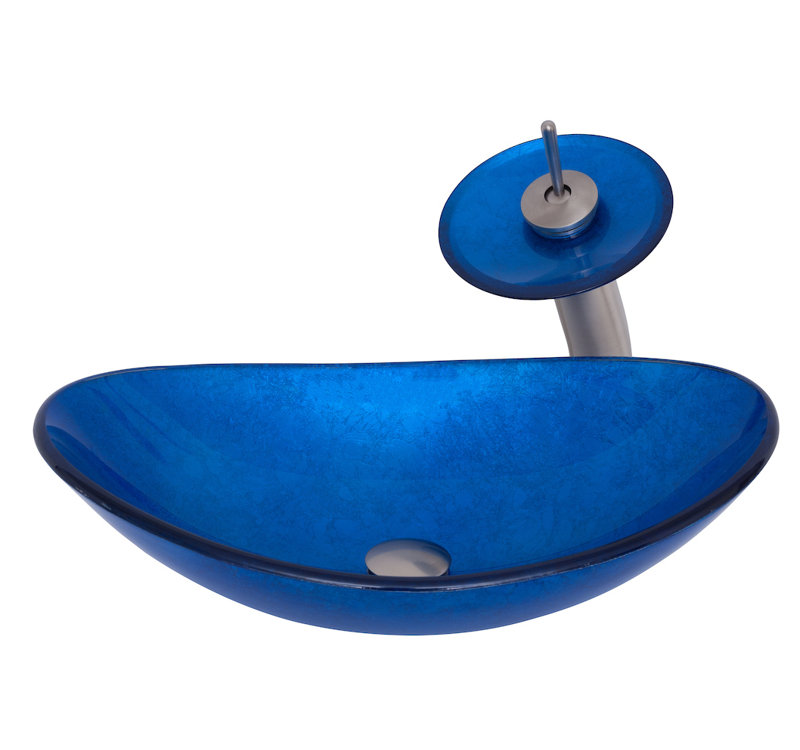 Lavabo de salle de bain ovale en verre avec robinet azzurro, Nickel brossé
