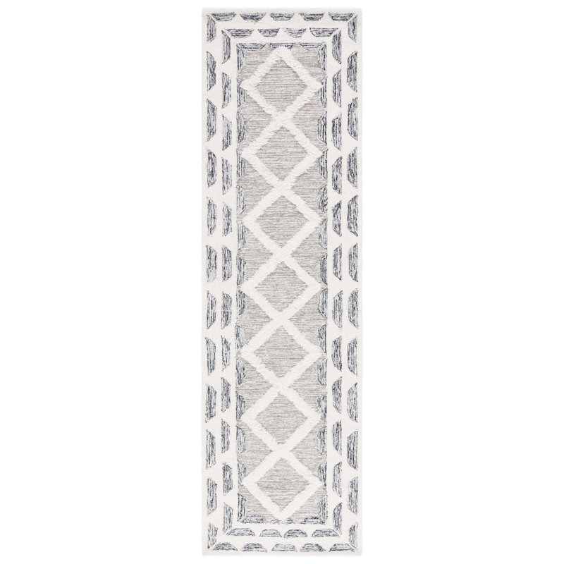 Tapis géométrique en laine / coton touffeté à la main Peytin, Tapis de couloir 2 pi 3 po x 8 pi
