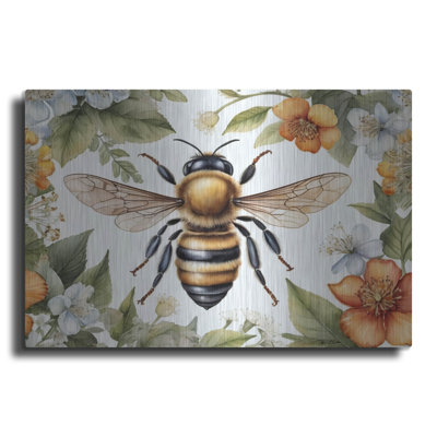 Art mural en bois August Grove® «Bee Parmi Watercolor Flowers» par Momart
