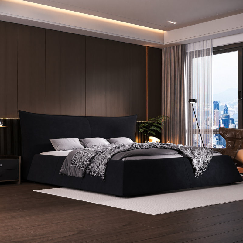 Très grand lit tapissier en velours noir - tête de lit ergonomique et lit à lattes en bois, lattes solides et confortables