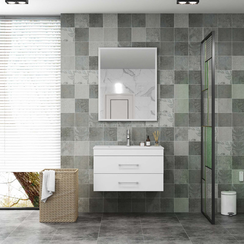 Meuble-lavabo mural blanc brillant avec miroir, 32"