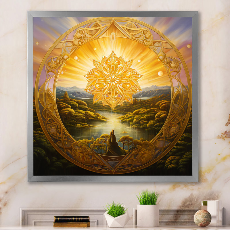 Paysage de mandala doré Awaken, Cadre simple argenté, H 16 po x l 16 po x P 1 po