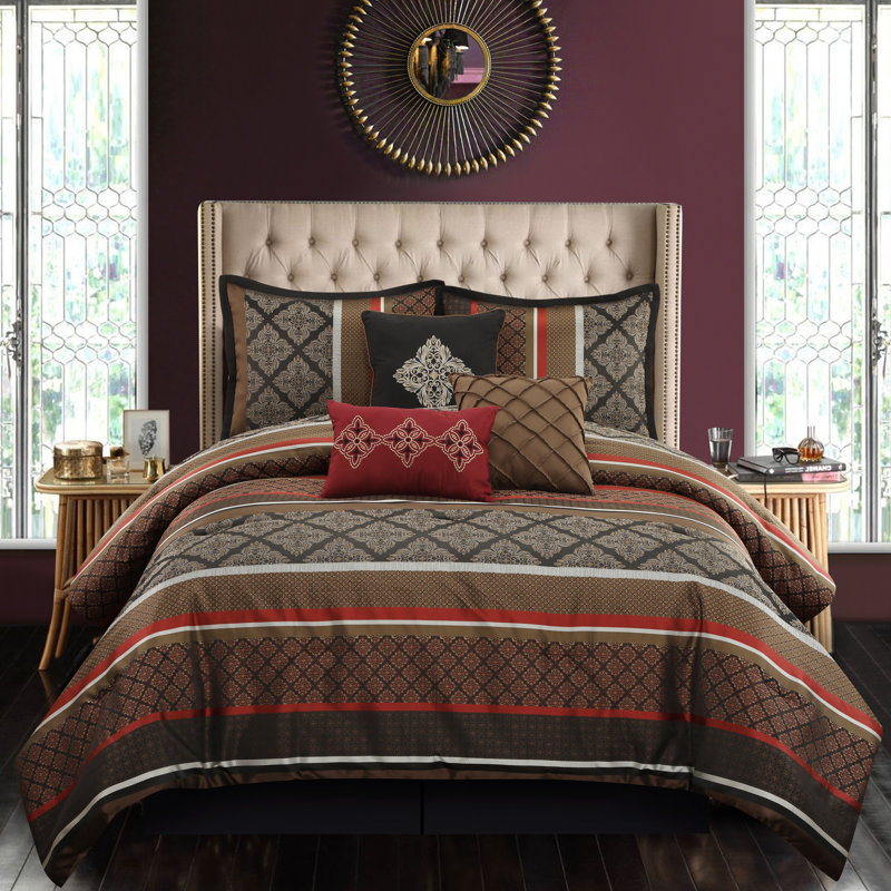Red and Brown Microfiber Queen Comforter Set with Decorative Pillows