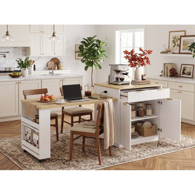 82.6" Fluted Kitchen Island With Extendable Dining Table & Storage For 2-6,Double Side Storage,Charging Station, Spice Racks For Dining Room
