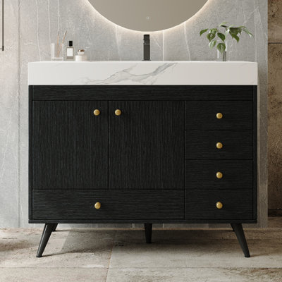 36" Freestanding Single Bathroom Vanity with Faux Marble Top & Ceramic Sink, 5 Drawers