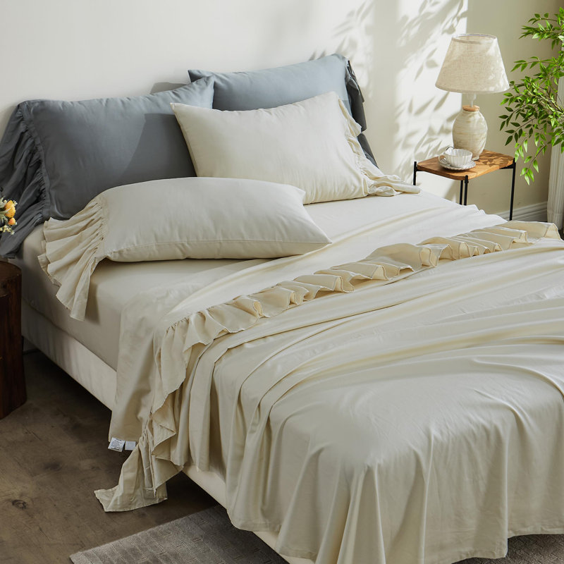 100% Cotton Sheet Set Ruffle Bed Sheets Soft French Country Vintage Bedding Set Aesthetic Farmhouse, Beige