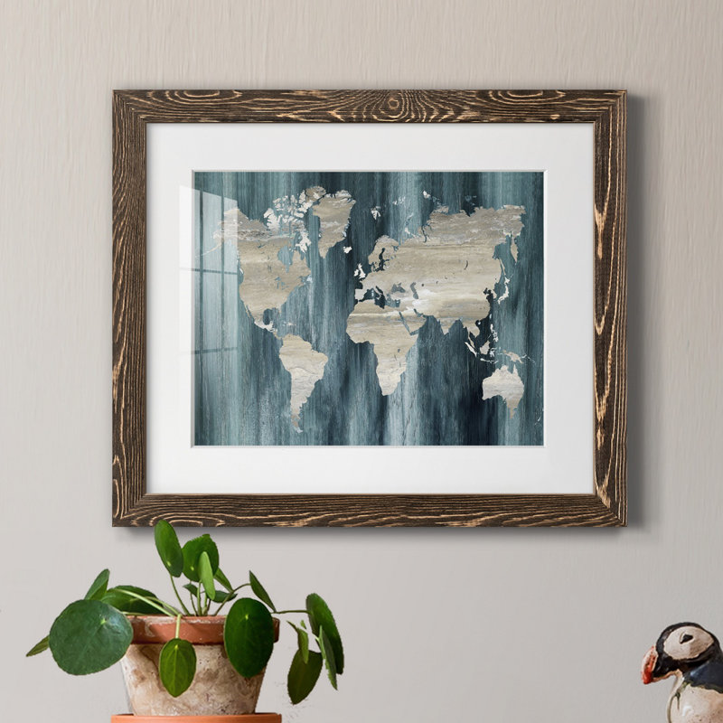 Carte du monde marine - impression encadrée sur papier, H 24 po x l 18 po x P 1,5 po, Noyer