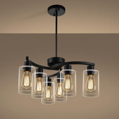 6-Light Black Farmhouse Chandelier with Clear Glass Shades