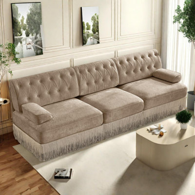 3-Seater Pet-Friendly Velvet Sofa with Tassel Fringe Skirt and Button Tufted Design