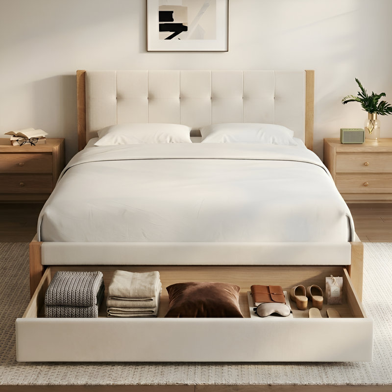 Très grand lit plateforme en bois massif avec tiroirs de rangement Lunara Vault Upholstery, King