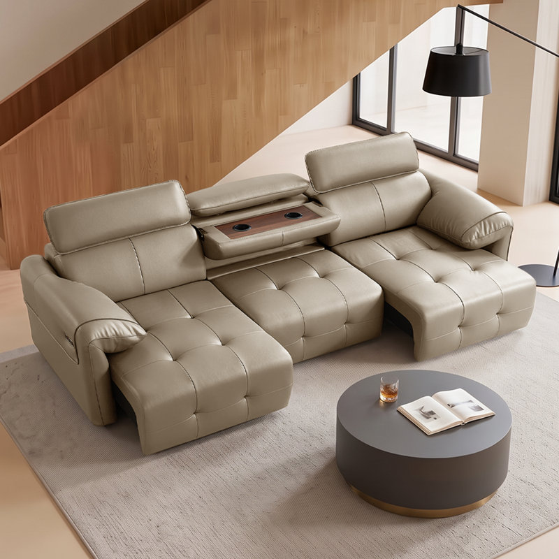 Canapé-lit modulaire escamotable électrique en cuir véritable 112 po 3 places beige, Beige