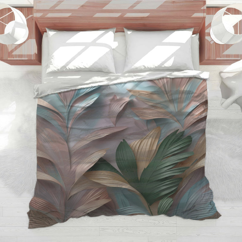 Textured Leaf Pattern Comforter, King, Dark Green Light Gray