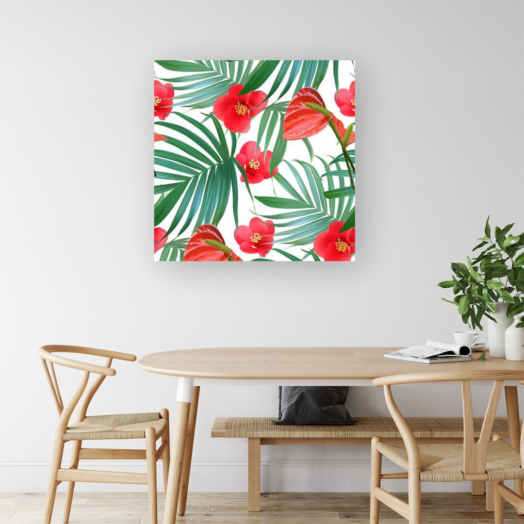 Tropical Flowers And Palm Leaves Hawaiian - Wrapped Canvas Print