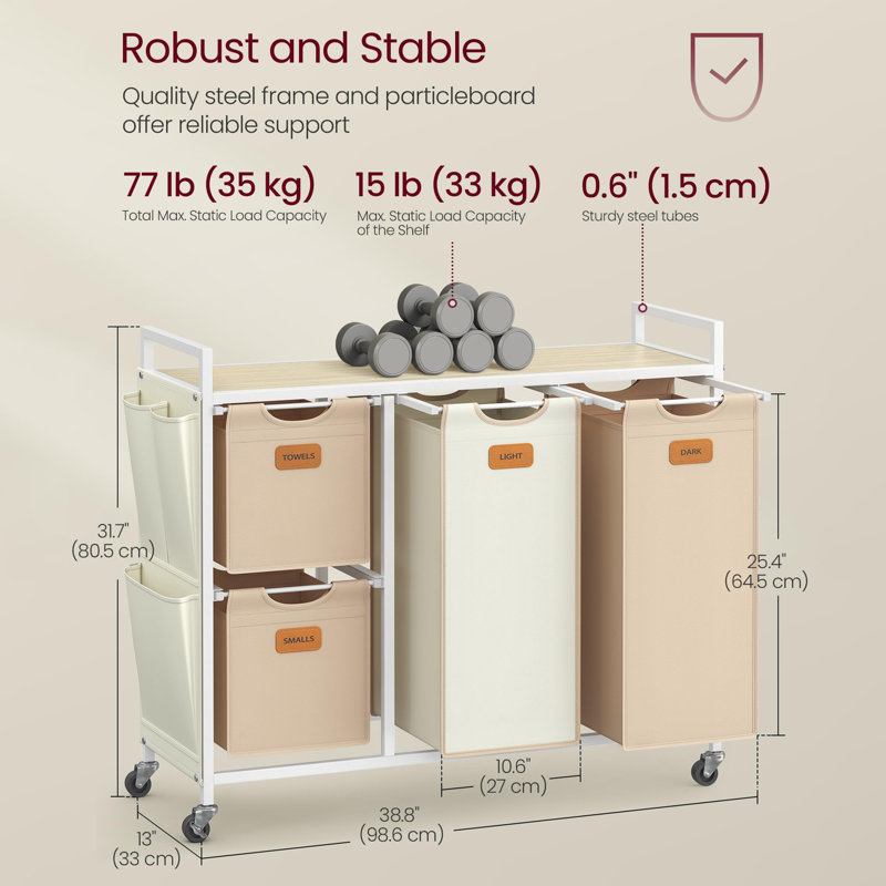 Rolling Laundry Hamper with Handles, Cream White