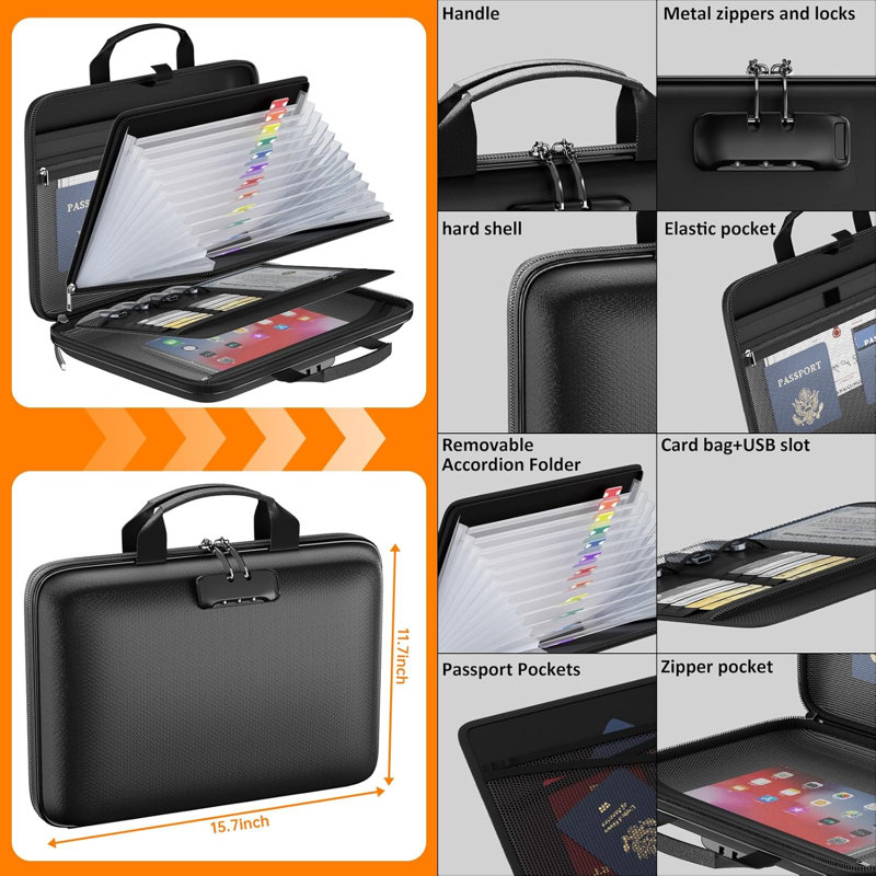 Lockable Hard Shell Fireproof Document Box with 13-Pocket Accordion File Folder