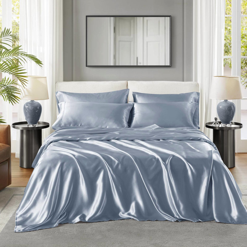 Luxury Twin Satin Sheets - Wrinkle- Indulgence. Fits 16" Mattresses. Contains 1 Flat Sheet, Fitted And 4 Pillowcases. Silky Smooth Luxury. . Blue Ambiance. Includes Atmosphere.