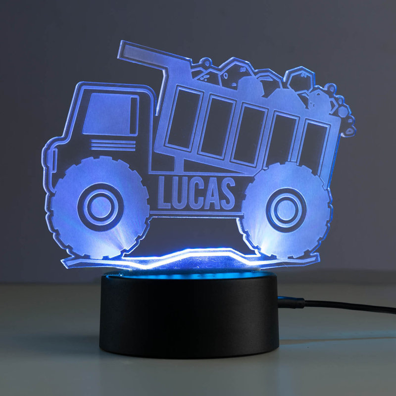 Dump Truck LED Night Light with Custom Name Laser Engraved on Acrylic Design Insert