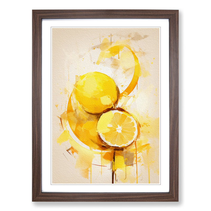 Lemon Fruit Gestural - Single Picture Frame Print on Wood, 34cm H x 25cm W x 2cm D, Walnut