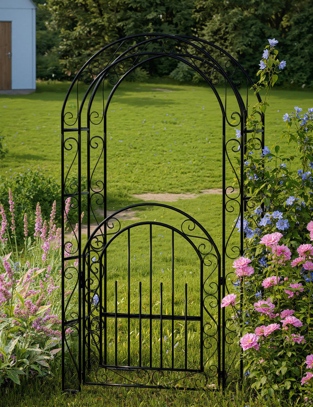 Yesurprise 8ft Metal Garden Arch Trellis with Gate - Black Powder ...