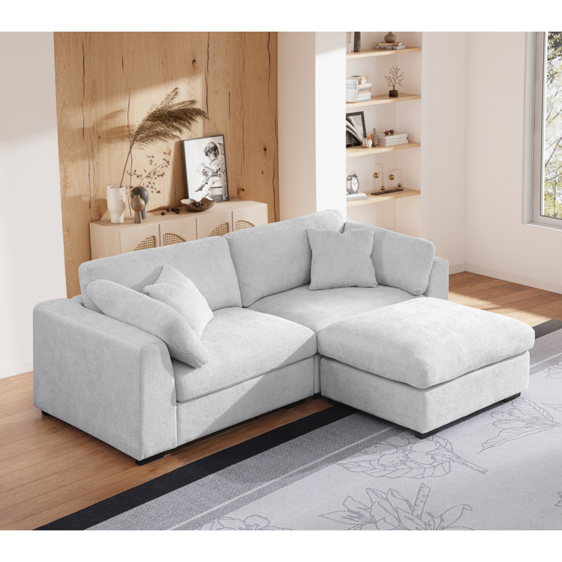 Upholstered Deep Seat Sofa with Ottoman, Gray Polyester