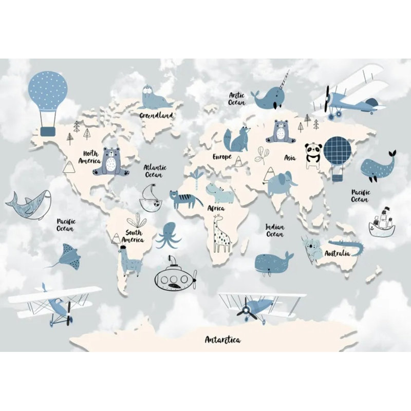 Papier peint carte du monde bleu, L 108 po x l 96 po