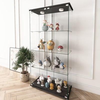 Vitrine à 2 portes et 4 tablettes en verre trempé à assemblage rapide avec lumières DEL, idéale pour le salon et la chambre à coucher, noire, H 64,38 po, L 31,98 po, l 14,74 po, capacité 45 livres